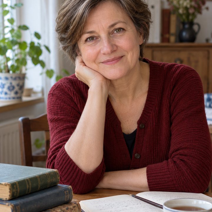 Katarína Valachová, učiteľka náboženskej výchovy, pri stole s knihami