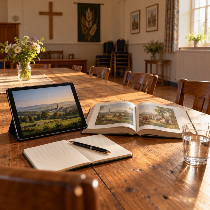 Tablet a ilustrovaný zväzok na stole vo farskej sále